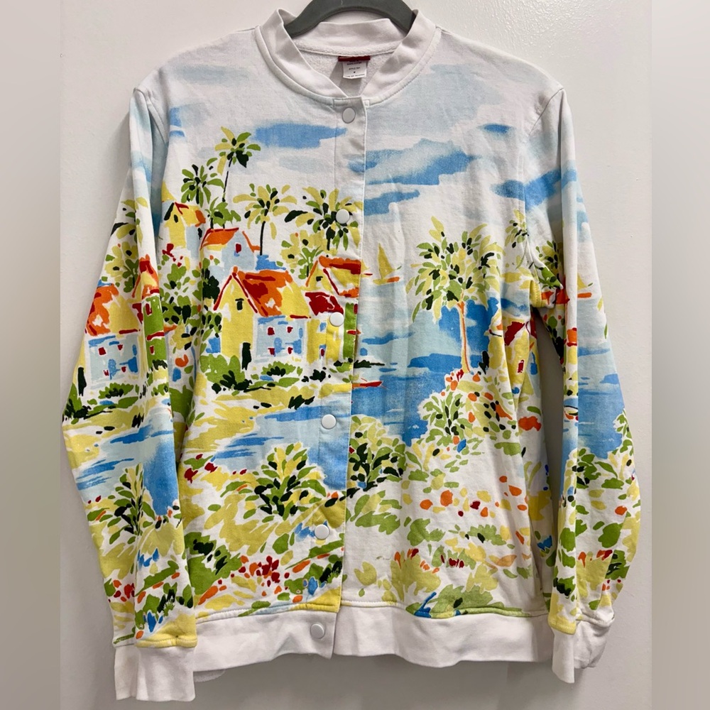 Vintage Cardigan Medium Seaside Village Coastal Grandma Art to Wear Nantucket